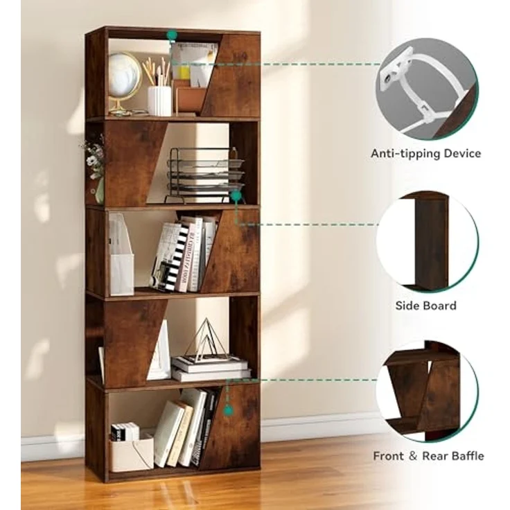 YITAHOME Bücherregal, 5-stöckiges hohes Standregal, industrielles Bücherregal, bodenstehendes Regal, Lagerregal mit offenen Regalen für Wohnzimmer, Schlafzimmer, Heimbüro, Vintagebraun – Bild 4