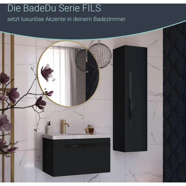 BADEDU FILS Hochschrank 33 cm breit, Schwarz, Griff Schwarz – Bild 7