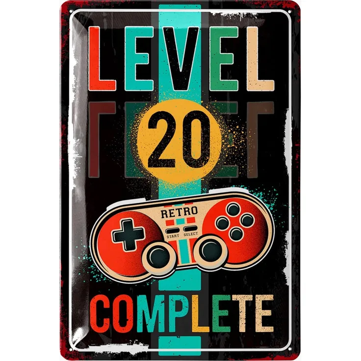LANOLU Blechschild Retro Gaming Controller lvl. 20 - 20x30cm – Metall – Mehrfarbig – 20198