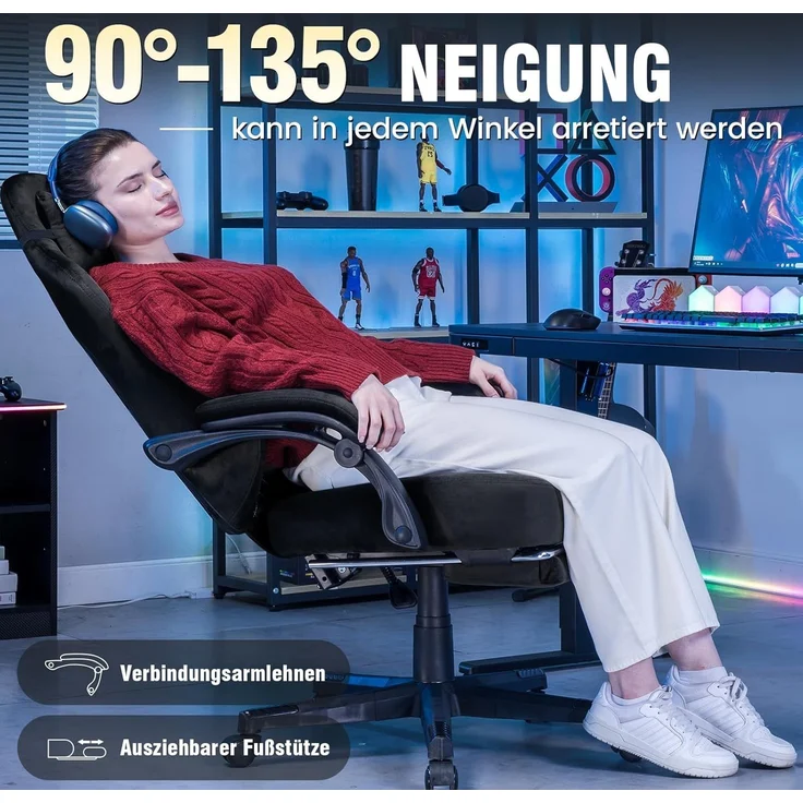 GTPLAYER Gaming Stuhl Stoff Gaming Chair Ergonomisch Bürostuh PC Stuhl, 150kg Belastbarkeit, Verstellbarer und Drehbarer Schreibtischstuh mit Federsitzkissen und Fußstütze, Schwarz – Bild 2