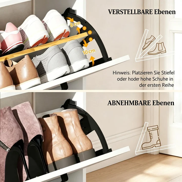 ZUBALIYA Schuhschrank (83 x 24 x 90,5 cm), 2 Schubladen, Verstellbare Einlegeböden, Stauraum für Flur und Eingangsbereich, Weiß – Bild 4