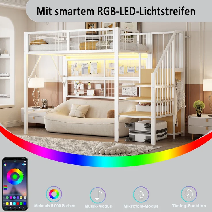 EINHOM Eisenbett, Etagenbett, Hochbett 90 x 200 cm, Geeignet für Kinder und Jugendliche Vielseitiges, Metall-Hochbett mit APP-gesteuerten LED-Lichtleisten Treppe mit Stauraum, Offenem Kleiderschrank Schwarz Weiß (Ohne Matratze) – Bild 6
