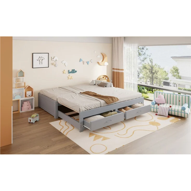ZUBALIYA Tagesbett 90/180 × 190 cm, Holz, Ausziehbett, Schubladen, Lattenrost, Grau – Bild 9