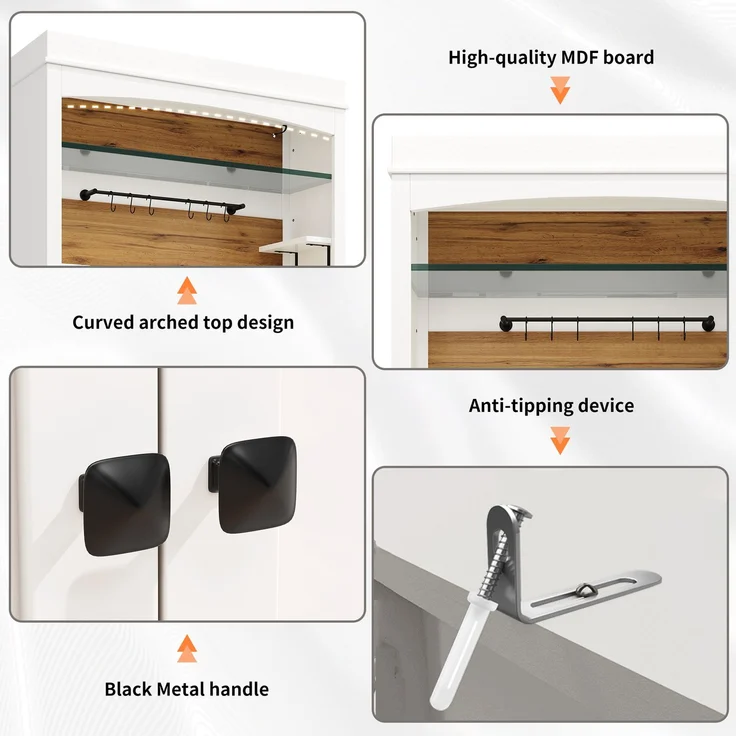 TavilaEcon Küchenbuffet 184cm hoher Buffetschrank, Hochschrank mit LED-Beleuchtung & Glasregal weiß 184 × 43 × 107 cm (H × T × B) – Modell N620GG251105W-2 – Bild 8