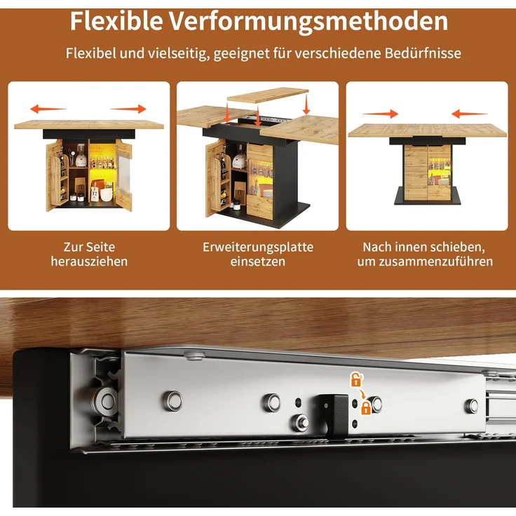 Esstisch Teleskoptisch(110-140×80cm), klappbarer Küchentisch für 4-6 Personen, Ausziehbarer Esstisch ,platzsparender Küchentisch, Tisch mit LED-Beleuchtung und Snackablage Schranktüren – Bild 6