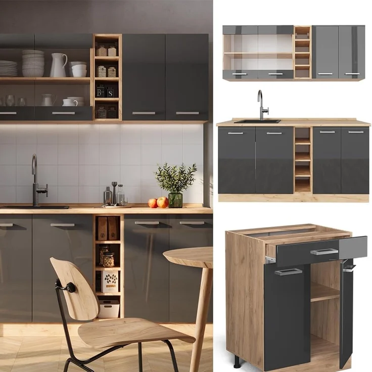 Singleküche R-Line Anthrazit Hochglanz/Goldkraft Eiche 160 cm ohne Arbeitsplatte Vicco – Bild 5