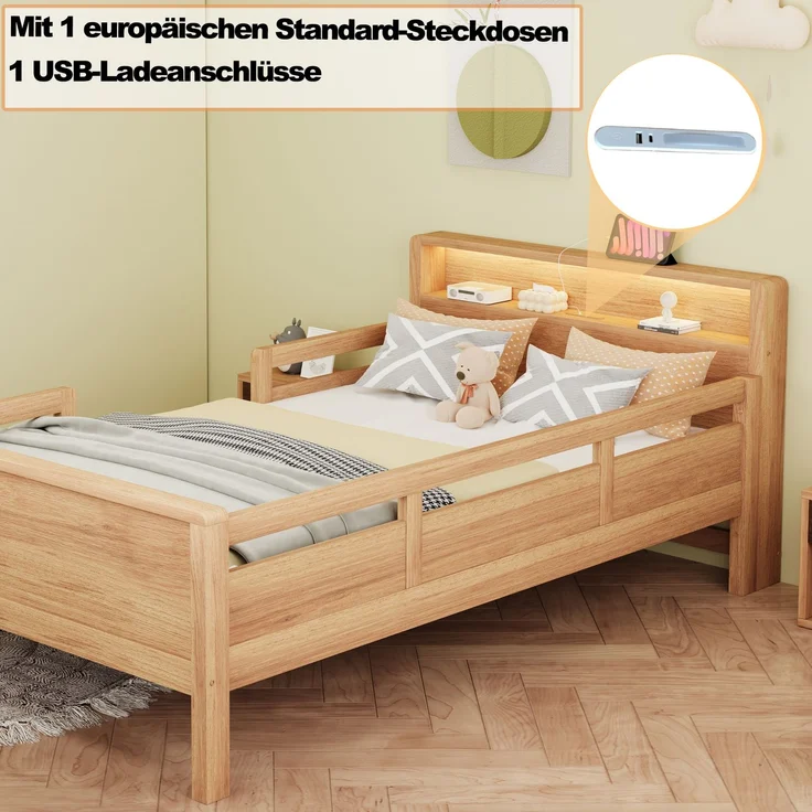 Kinderbett 90x200 cm mit LED & USB Type-C Anschluss,Massivholz Einzelbett mit Kopfteil Ablage & Gitterdesign,Weiß – Bild 4