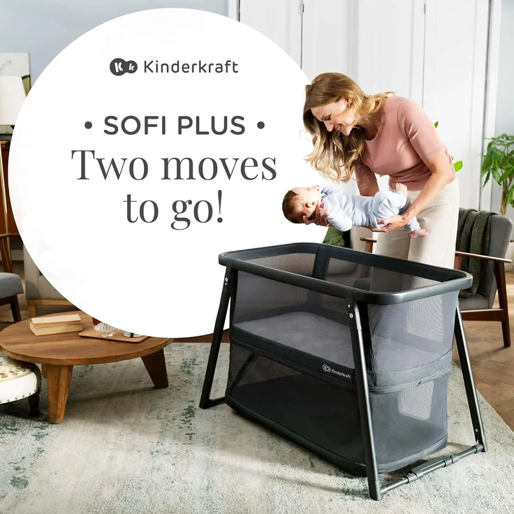 Kinderkraft SOFI Plus, Babybett, Wiege, Reisebett, ab Geburt bis 3 Jahre, bis 15 kg, schnell zusammenklappbar, perfekt für unterwegs, Baumwollbezug, 2 Laken gratis – Bild 2