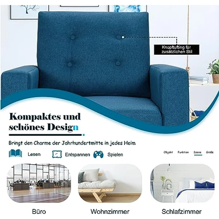 COSTWAY Sessel mit 2 Seitentaschen, Ohrensessel mit Armlehnen und Rückenkissen, Einzelsofa gepolstert, Fernsehsessel Relaxsessel Clubsessel, für Wohnzimmer, Schlafzimmer & Büro, modern (Blau) – Bild 8