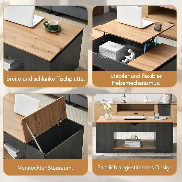 LVHOM Couchtisch mit Stauraum, Höhenverstellbarer Kaffeetisch mit versteckten Fächern, Laptoptisch für Wohnzimmer, Eiche-Optik/Grau, 109x60x43 cm – Bild 4