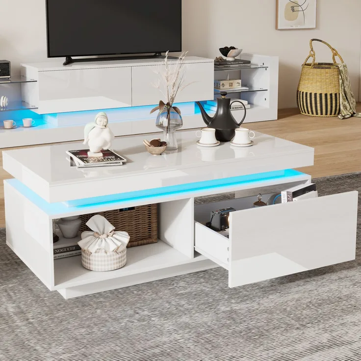 DESVIAE TV-Schrank-Set mit Couchtisch, LED-Beleuchtung, Spanplatte, Weiß, 181x38x38 cm und 100x40,3x50 cm