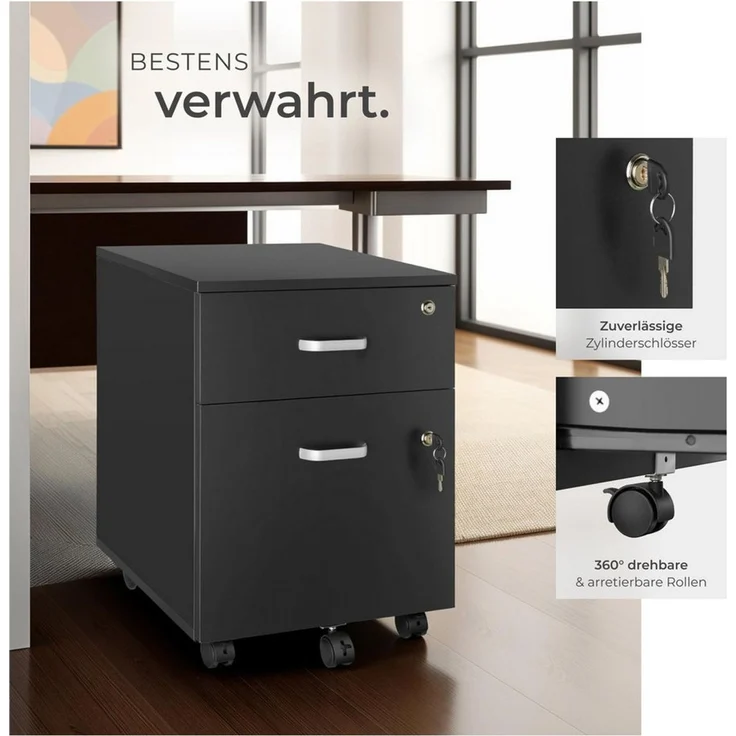 tectake Rollcontainer Rollschrank Vagur, 2 abschließbare Schubladen, mit 2 Schubladen für Dokumente im A4 Format – Bild 3