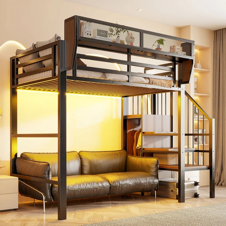 ZUBALIYA Hochbett 90 × 200 cm, Metall, LED-Beleuchtung, Leiter, Schwarz – Bild 3