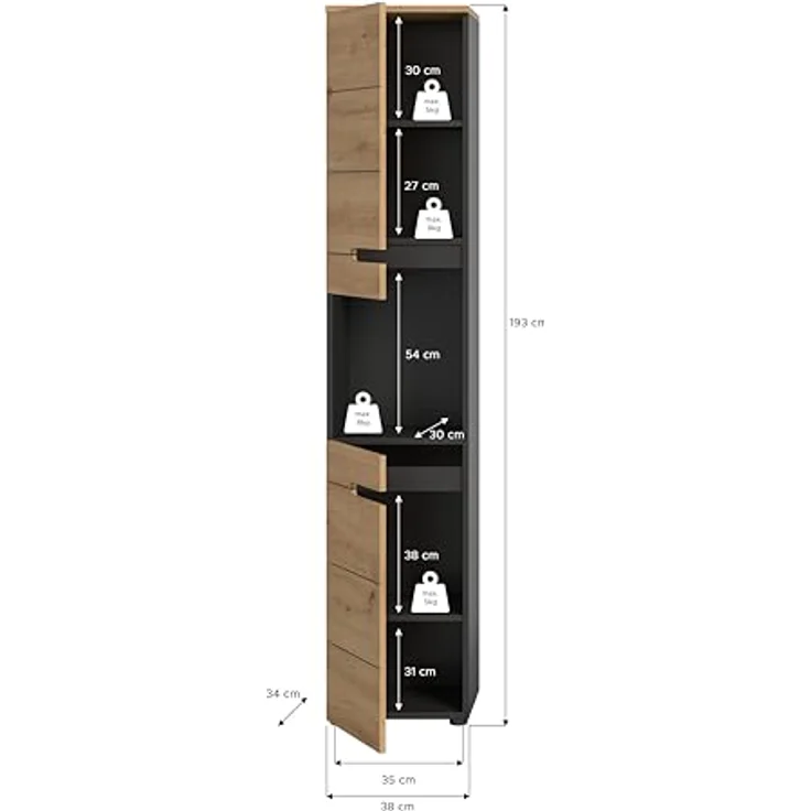 Xonox Canu Hochschrank, re./li. montierbar (B/H/T: 38x193x34 cm) in Basalt grau Nachbildung und Artisan Nachbildung – Bild 4