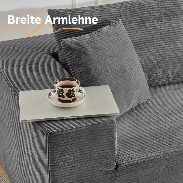 Ecksofa 275cm Schlaffunktion Ottomane Cord 4 L-förmig Dunkelgrau – Bild 7
