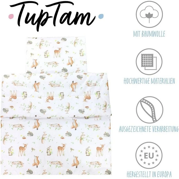 TupTam Kinderbettdecke-Set, Ganzjahresdecke, 2tlg., 1x Bettdecke, 1x Flachkissen, Wald Tiere Braun Beige Fuchs Reh Igel Eichhörnchen, 135x100 cm – Bild 2