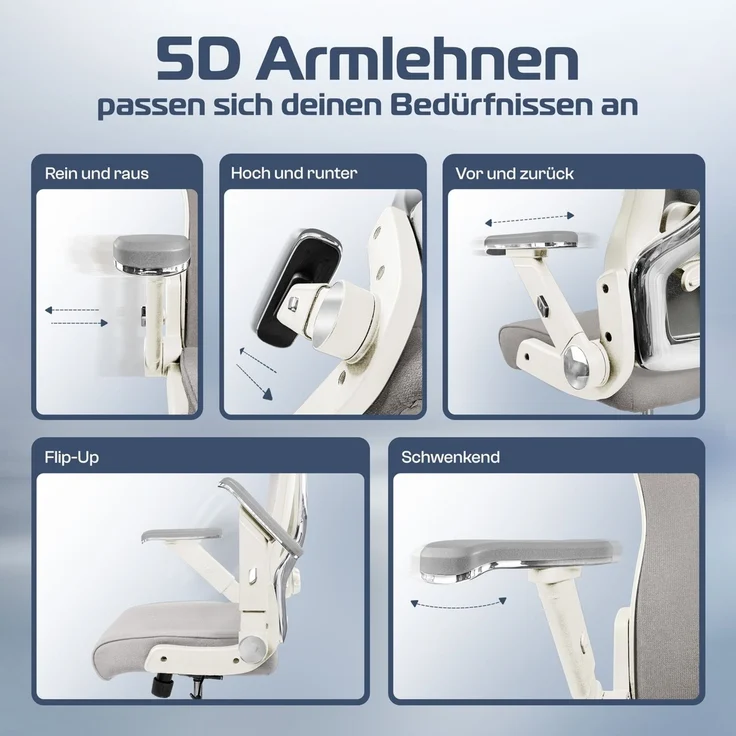CLOUVOU PowerSeat, ergonomischer Bürostuhl, thermoregulative Materialien, 5D-Armlehnen, 3D-Kopfstütze, PhantomWheels, Creme-weiß – Bild 3