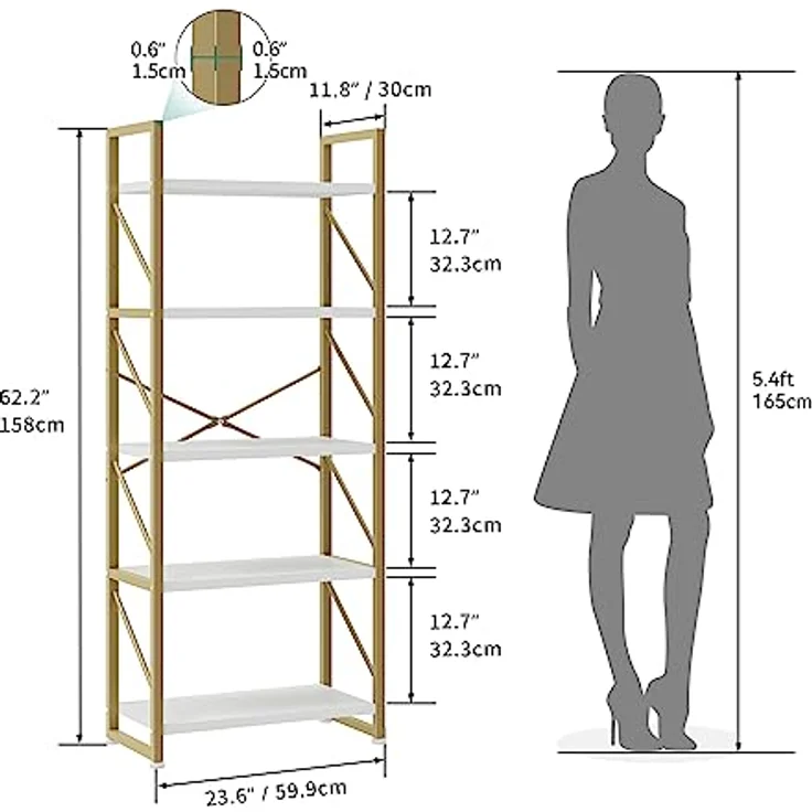 YITAHOME Bücherregal mit 5 Ebenen, Industrielles Standregal Aufbewahrungsregale für Wohnzimmer Bücher Schlafzimmer Büro Küche Zeitschriften, Golden – Bild 3