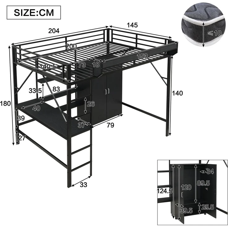 Merax Hochbett, 140x200cm Kinderbett, Doppelstöckiger Stauraum unter dem Schreibtisch, Oberes Bett mit Stauraum, Mit Kleiderschrank, Schwarz – Bild 4