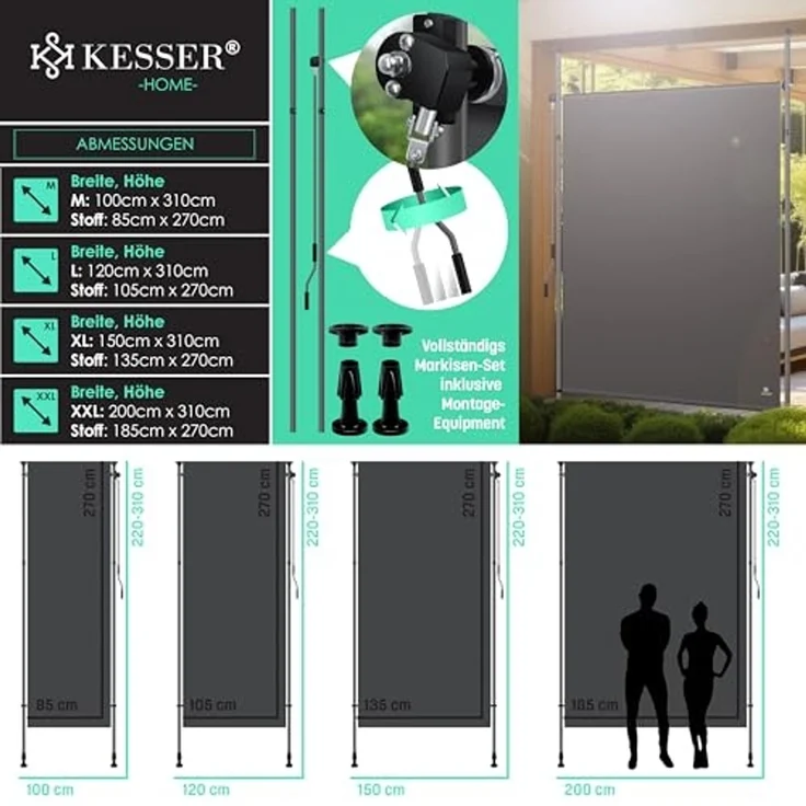 KESSER® Klemmmarkise Senkrechtmarkise außen Ausziehbar & Blickdicht | Vertikalmarkise mit Handkurbel ohne Bohren | Balkon-Sichtschutz & Windschutz für Garten & Terrasse Wasserfest Anthrazit, 200 x 310 cm – Bild 7