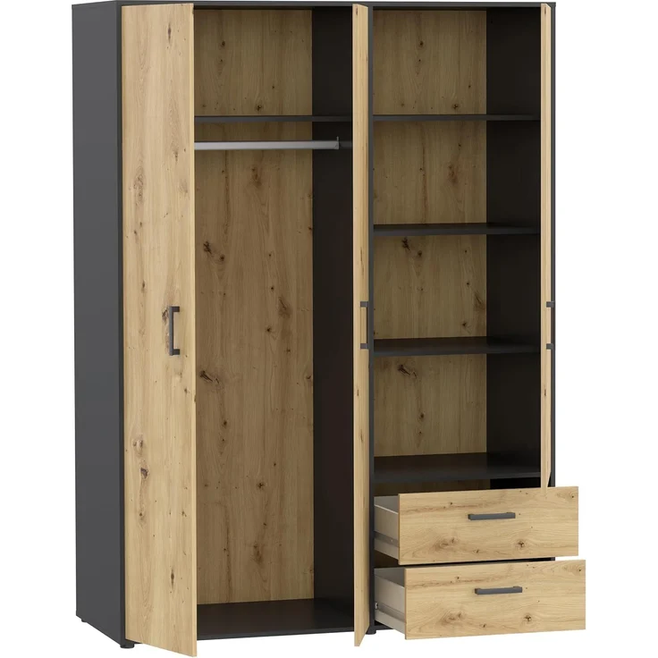 Forte MONISSA Kleiderschrank 140 150, moderner Drehtürenschrank, 3-türig, 2 Schubladen, Holzwerkstoff, Artisan Eiche Holzdekor|Schwarz, 144,4 cm breit x 200,1 cm hoch x 59 cm tief – Bild 6