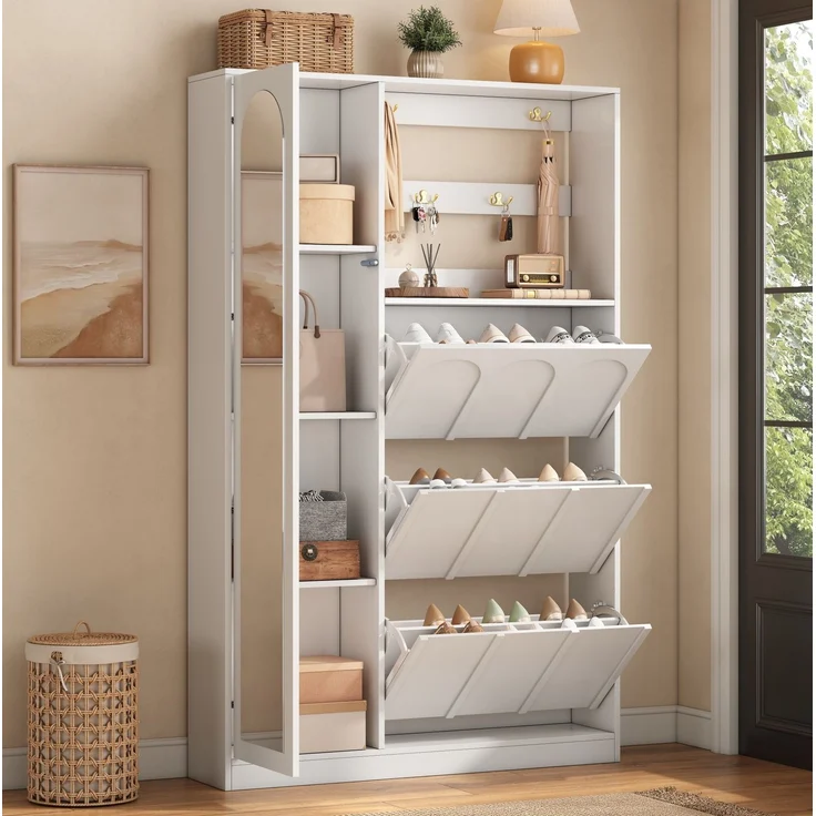 Garderobenschrank aus MDF mit Spiegel und 3 Schuhklappen, 100x24x164 cm, Weiß – Bild 1