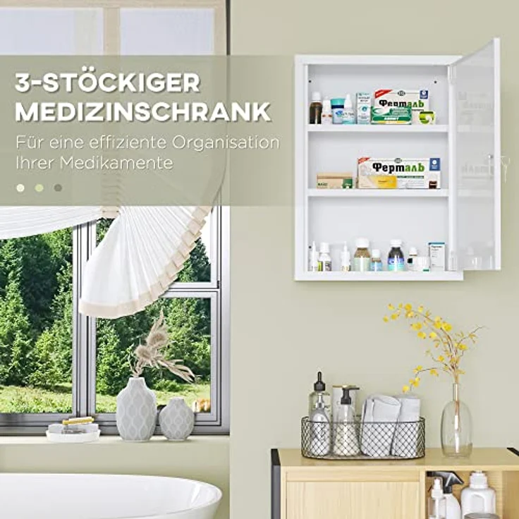 Kleankin Medizinschrank Apothekerschrank mit 3 Fächern (Erste Hilfe Schrank, 1-St, Medikamentenschrank) Stahl, Weiß, 40 x 15 x 53,5 cm – Bild 6
