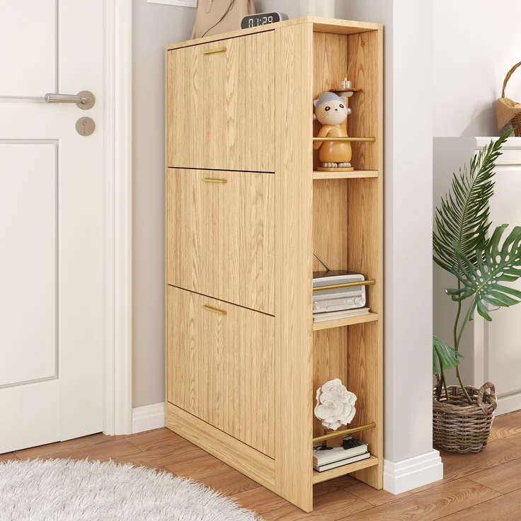 Schuhschrank, MDF in Holzoptik mit 3 Türen & offenen Fächern, 70x23,5x115 cm, Natur – Bild 3