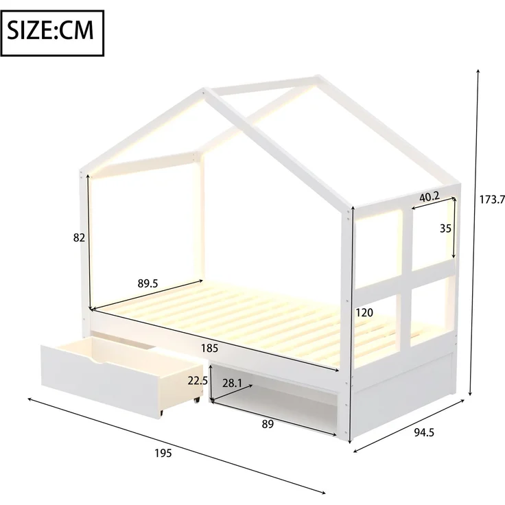 Merax Einzelbett, Jugendbett, Holzbett 90×190 cm, mit Schubladen und kleinem Schuhschrank, mit mehrfarbiger LED-Beleuchtung, Lattenrost, Weiß – Bild 4