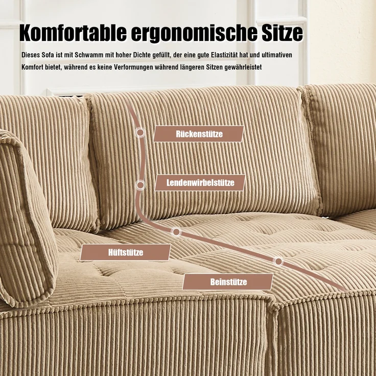 LVHOM Modulares Sofa U Form 308 x 82 x 154 cm, 6-Sitzer mit Schlaffunktion, Modular Cord Ecksofa, umwandelbares Schaumstoffsofa, Sofagarnitur, Khaki – Bild 5