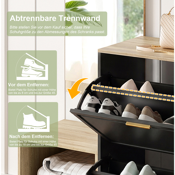 CHICFURN Schrank 4-tlg. 139,5x166x35 cm mit Schuhschrank und Sitzbank – Garderoben-Set in Natur/Schwarz – Bild 5