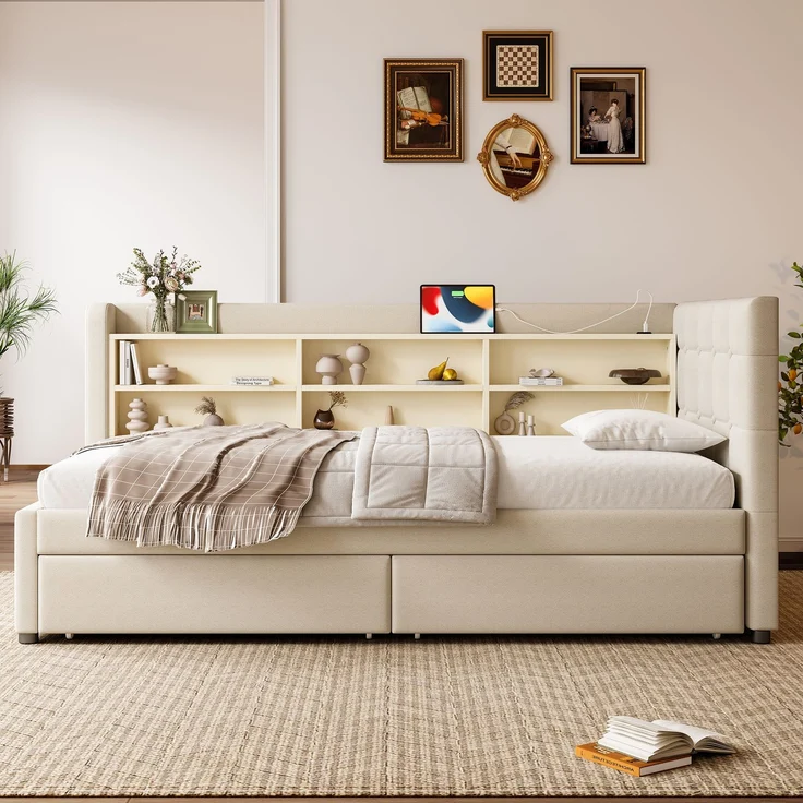 Daybett 90x200 cm mit 2 Schubladen, USB- & Typ-C-Anschlüssen, gepolstertem Leinenbezug und elegantem Knopfdesign, Beige – Bild 3