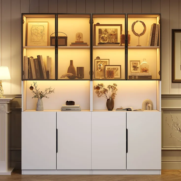 Moderne minimalistische Vitrine mit Glastüren, Vitrine mit LED-Leuchten, Bücherregal für Sammlerstücke, einstellbare Farbtemperatur und Helligkeit, weiße 30*160*200cm--Weiß--94.49x50.8x19.51cm--YOUDENOVA