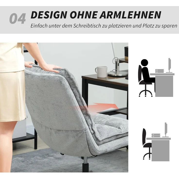 HOMCOM Bürostuhl mit breiterem doppelschichtigem Polster, Wippfunktion (gepolsterter Schreibtischstuhl ohne Armlehnen, 1 St), für Home Office Büro, Grau – Bild 7
