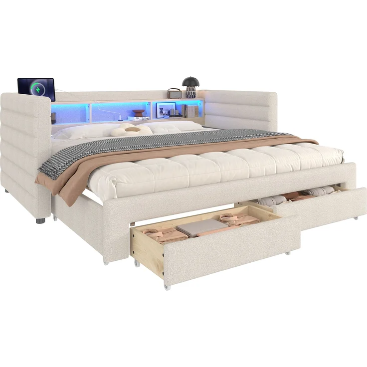 Tagesbett, Daybett, Schlafsofa, 90 × 190 cm, multifunktionales Ausziehbett-Design, USB- + Typ-C-Anschlüsse, mit zwei Schubladen, mehreren Staufächern, LED-Lichtleiste, Ohne Matratze, Samt, beige – Bild 7