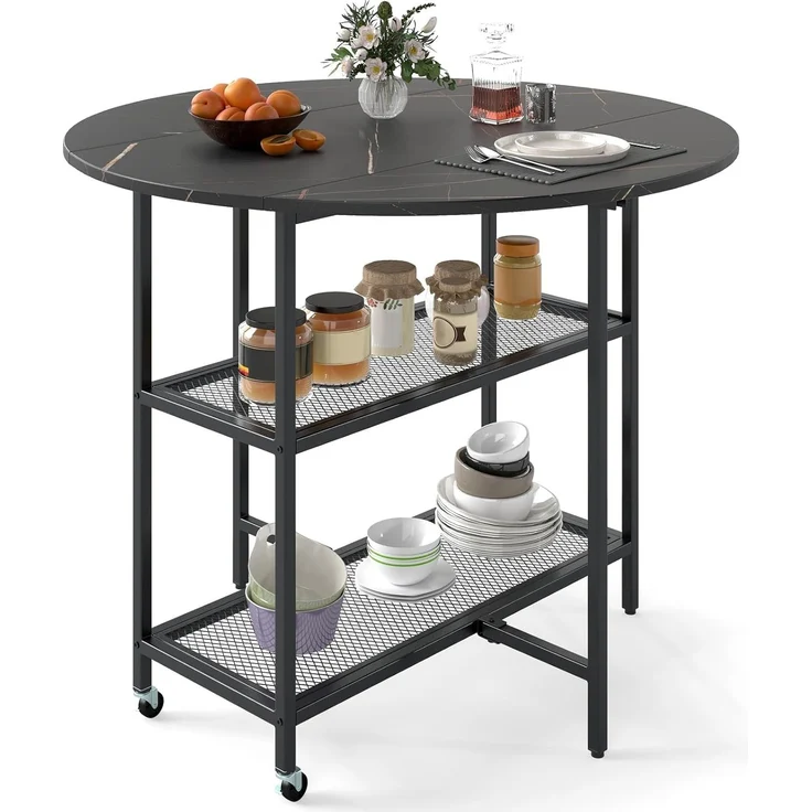 FANTASK Esstisch klappbar für 2-4 Personen, runder Esszimmertisch Küchentisch mit 2 Ablagefächern, mobiler Klapptisch Marmor Optik für Esszimmer, Wohnzimmer (Schwarz) – Bild 1