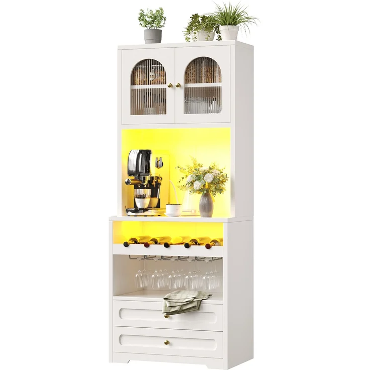 Hochschrank mit Glastüren, LED-Beleuchtung per App & Weinregal, 70x40x180 cm, Weiß – Bild 6