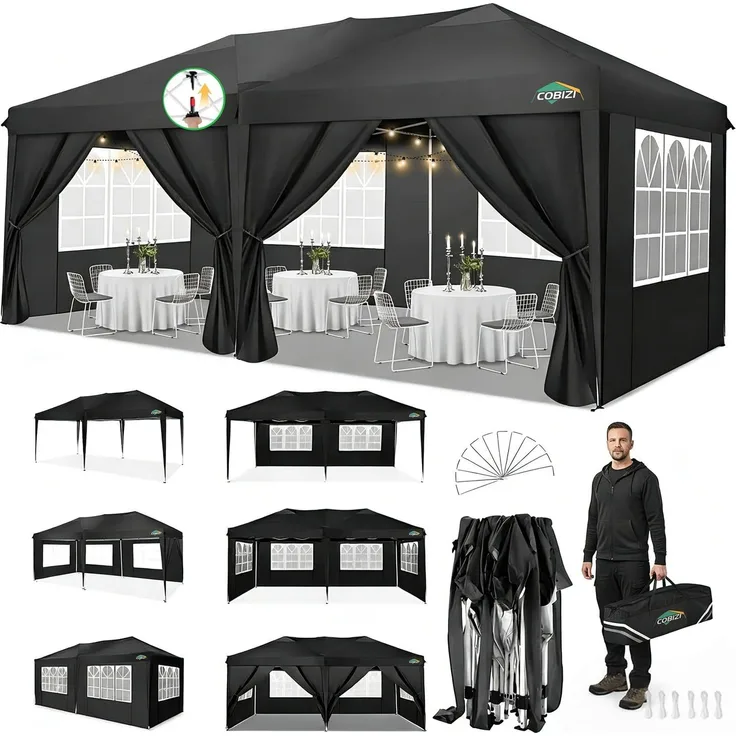 COBIZI Pavillon 3x6 m, Faltpavillon 3x6 wasserdicht stabil Faltzelt Anti-UV Faltbarer Pavillons Outdoor Faltpavillon 3x6 m mit 6 Seitenwänden für Garten, Party, Hochzeit, Picknick, Markt, Schwarz