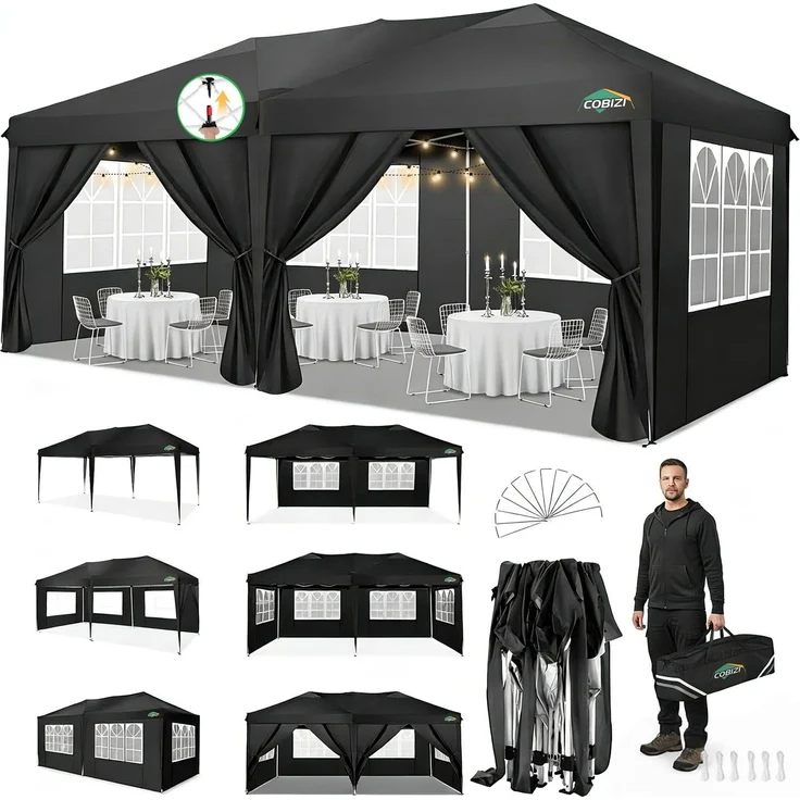 COBIZI Pavillon 3x6 m, Faltpavillon 3x6 wasserdicht stabil Faltzelt Anti-UV Faltbarer Pavillons Outdoor Faltpavillon 3x6 m mit 6 Seitenwänden für Garten, Party, Hochzeit, Picknick, Markt, Schwarz