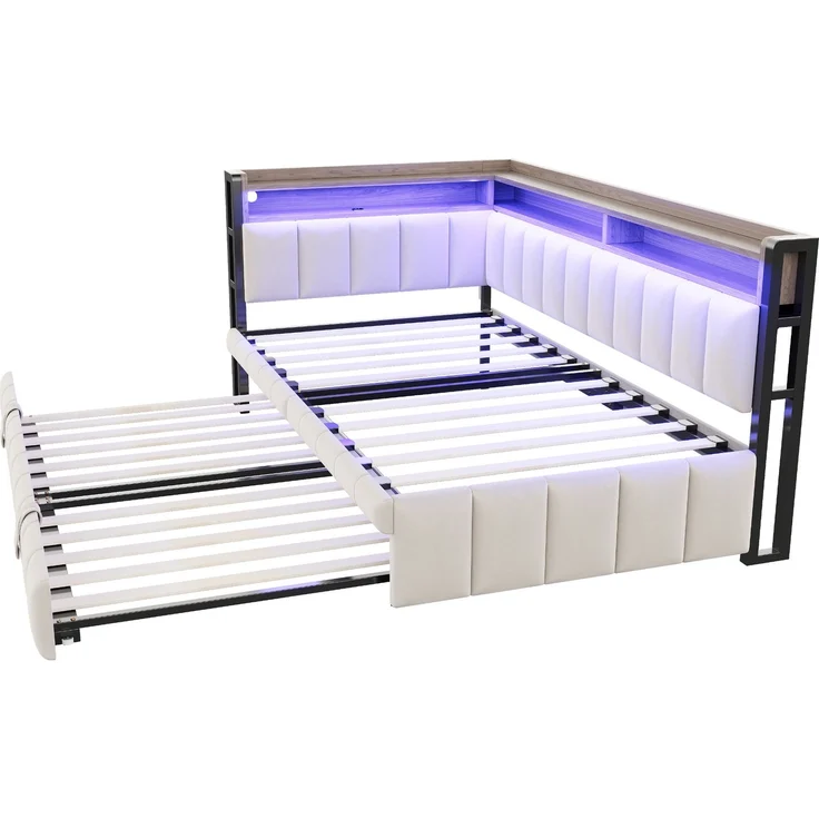 Merax Einzelbett, 90x200cm Polsterbett, Schlafsofa, mit Ausziehbett, LED-Beleuchtung und Ablagefächern am Kopf- und Fußende, Ausgestattet mit USB- und Typ-C-Anschlüssen, Samtstoff Beige – Bild 7