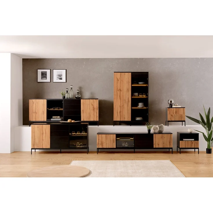 XORA 'VIANO' Nachtkommode Front Lamellen-Optik Dekor Eiche Wotan, Melamin Eiche/schwarz, 51.6 x 56 x 38 cm, mit 2 Schubladen – Bild 6