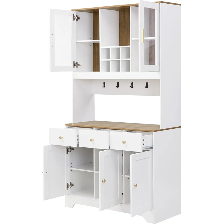 Hochschrank aus MDF mit Glastüren & Schubladen, 94,5x30x175,5 cm, Weiß/Holzoptik – Bild 6