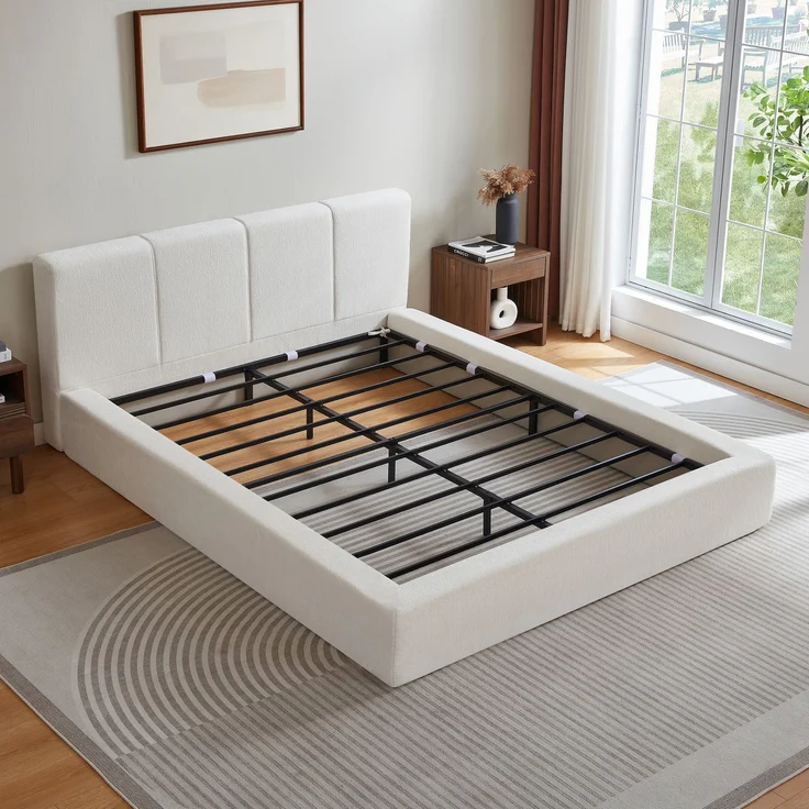 LVHOM Polsterbett 160 x 200cm, Doppelbett mit gepolstertem Kopfteil, Bettgestell mit verstärktem Stahlrahmen, Chenille, Beige – Bild 2