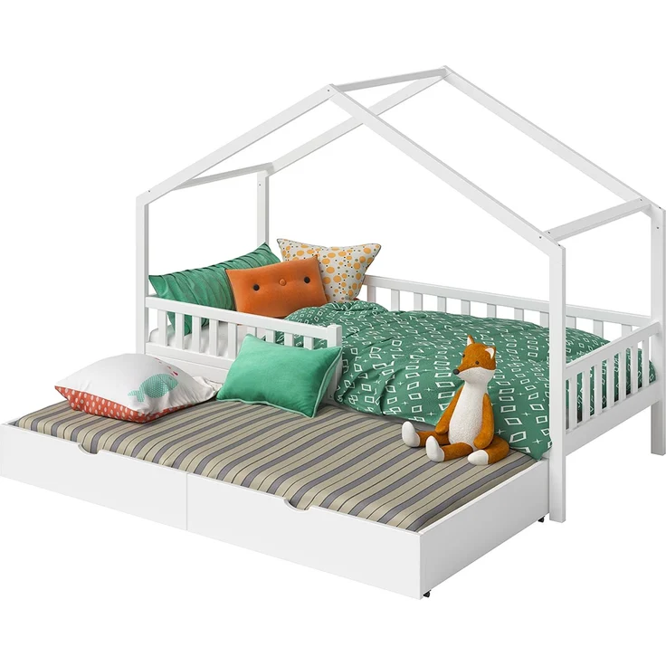 Bellabino 'Vils' Hausbett 90x200 cm mit Gästebett 90x190 cm, weiß, Kiefer Massivholz, Montessori Kinderbett mit Ausziehbett, inkl. Rausfallschutz und Lattenrost – Bild 12