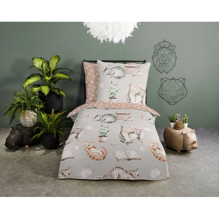 Good Morning Kinder Bettwäsche 135x200 Catlife Katzen Wende grau beige 30855 – Bild 5