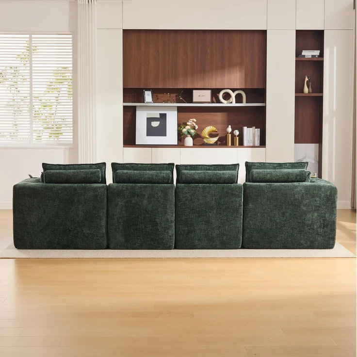 Modulares Sofa 322x161x75 cm aus grünem Chenille mit Seitentaschen und Hockerelement – Bild 3