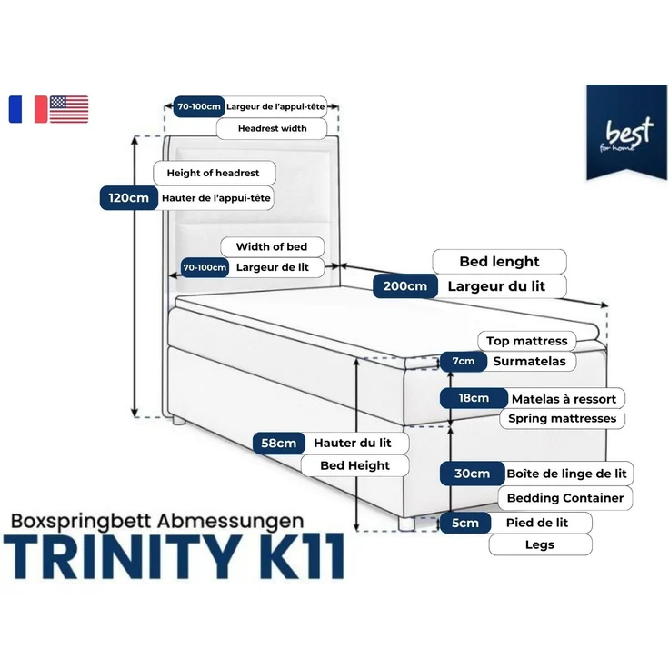 Best for Home Boxspringbett mit Bettkasten Trinity K-11 SINGLE Bonellfederkern inkl. 7 cm Topper (70x200 80x200 90x200 100x200 cm), verschiedene Liefermöglichkeiten, TOP Preis-Leistungs-Verhältnis – Bild 4