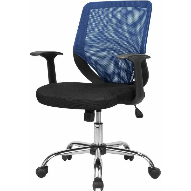 Dmora - Stuhl mit Rädern Albany, Executive-Netzsessel mit Armlehnen, ergonomischer Bürositz, 60x54h90/98 cm, Schwarz und Blau
