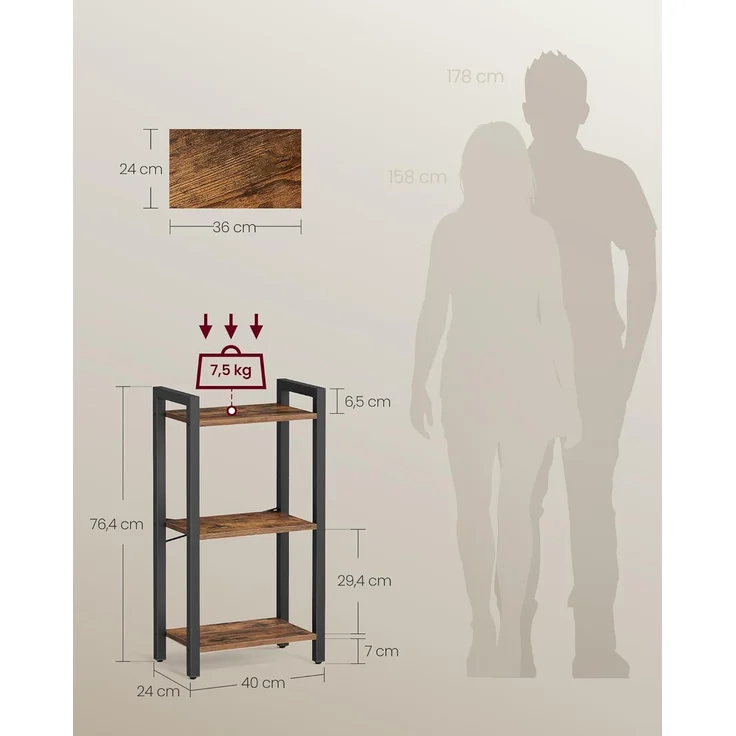 VASAGLE Regal, Bücherregal, Standregal, DVD-Regal, mit 3 Ebenen, Büroregal, offene Ablagen, für Büro, Wohnzimmer, Schlafzimmer, Küche, 24 x 40 x 76,4 cm, vintagebraun-tintenschwarz – Bild 3