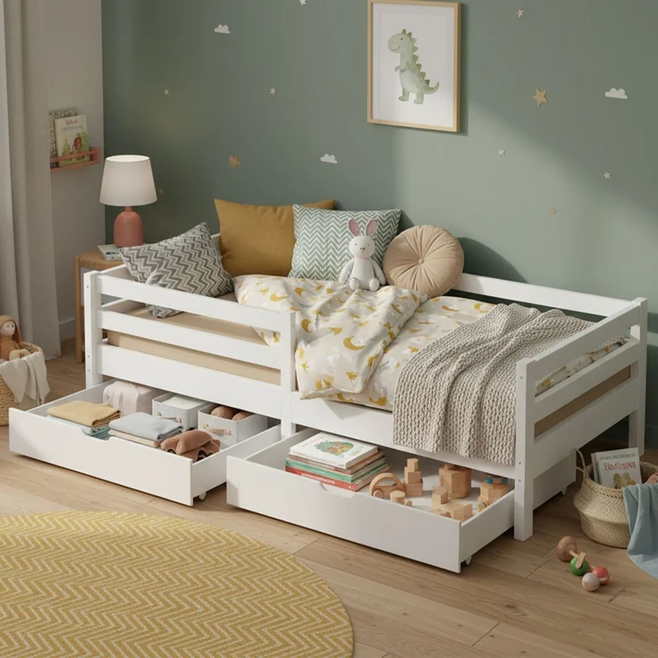 Bellabino 'Iskri' Kinderbett 90x200 cm mit 2 Schubladen, weiß, Massivholz Kiefer, Jugendbett mit Rausfallschutz und Lattenrost – Bild 1